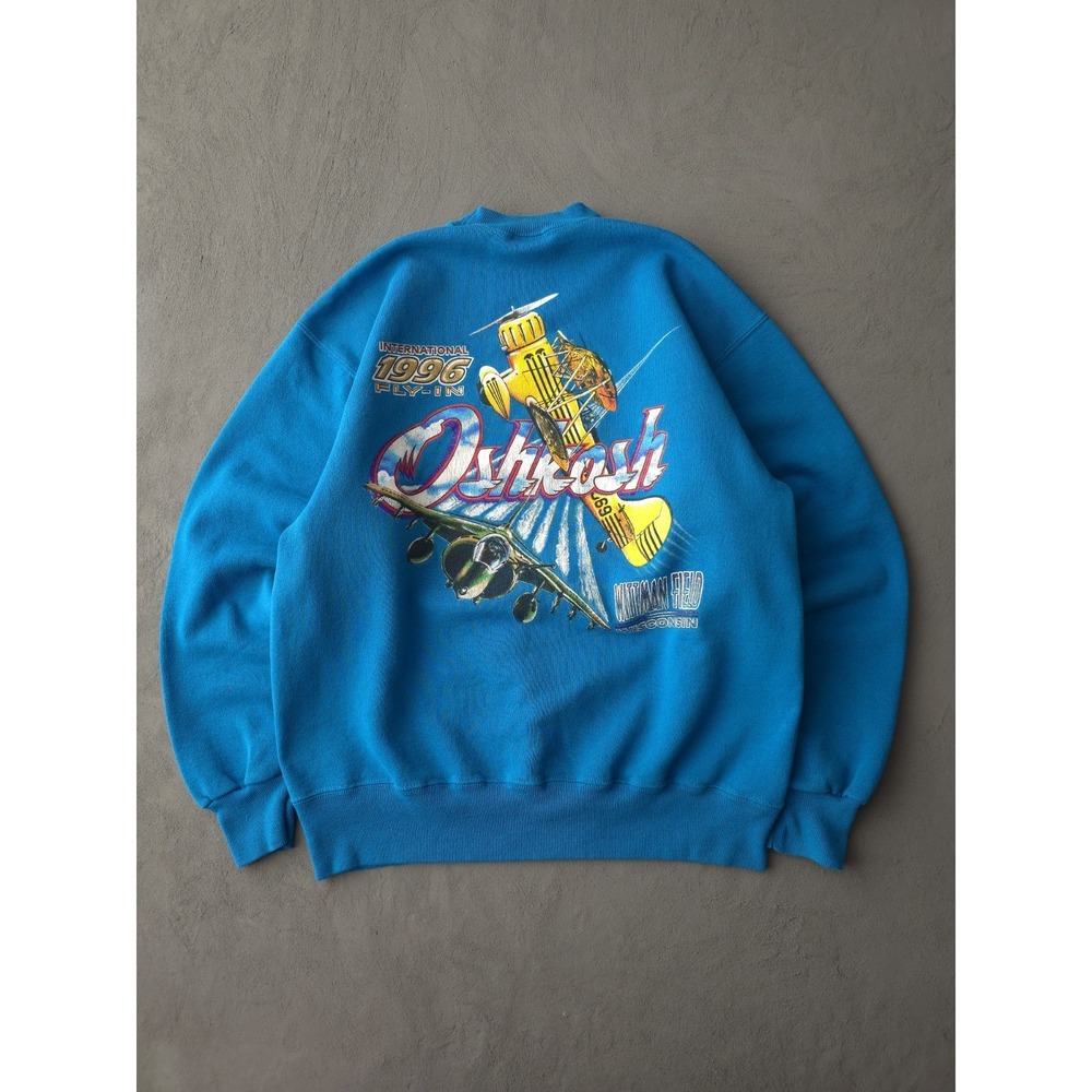 Vintage 90s Oshkosh International Fly-In 1996 Blue Crewneck Sweatshirt Hanes L